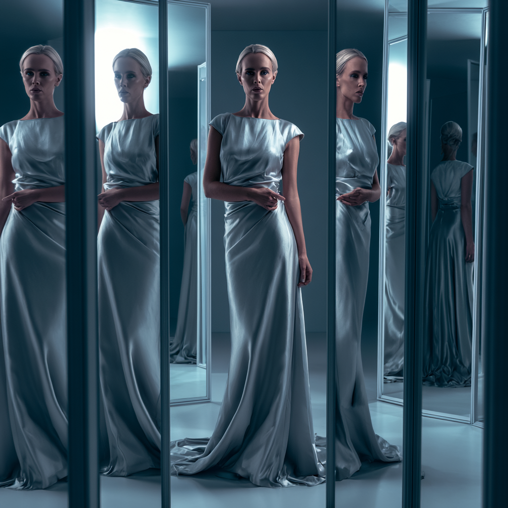 A photorealistic fashion portrait of an adult woman standing in a room filled with tall mirrors, wearing a silver satin dress, multiple reflections around her, soft studio lighting, elegant mysterious expression, luxury editorial photography, cinematic composition, ultra-detailed, no text