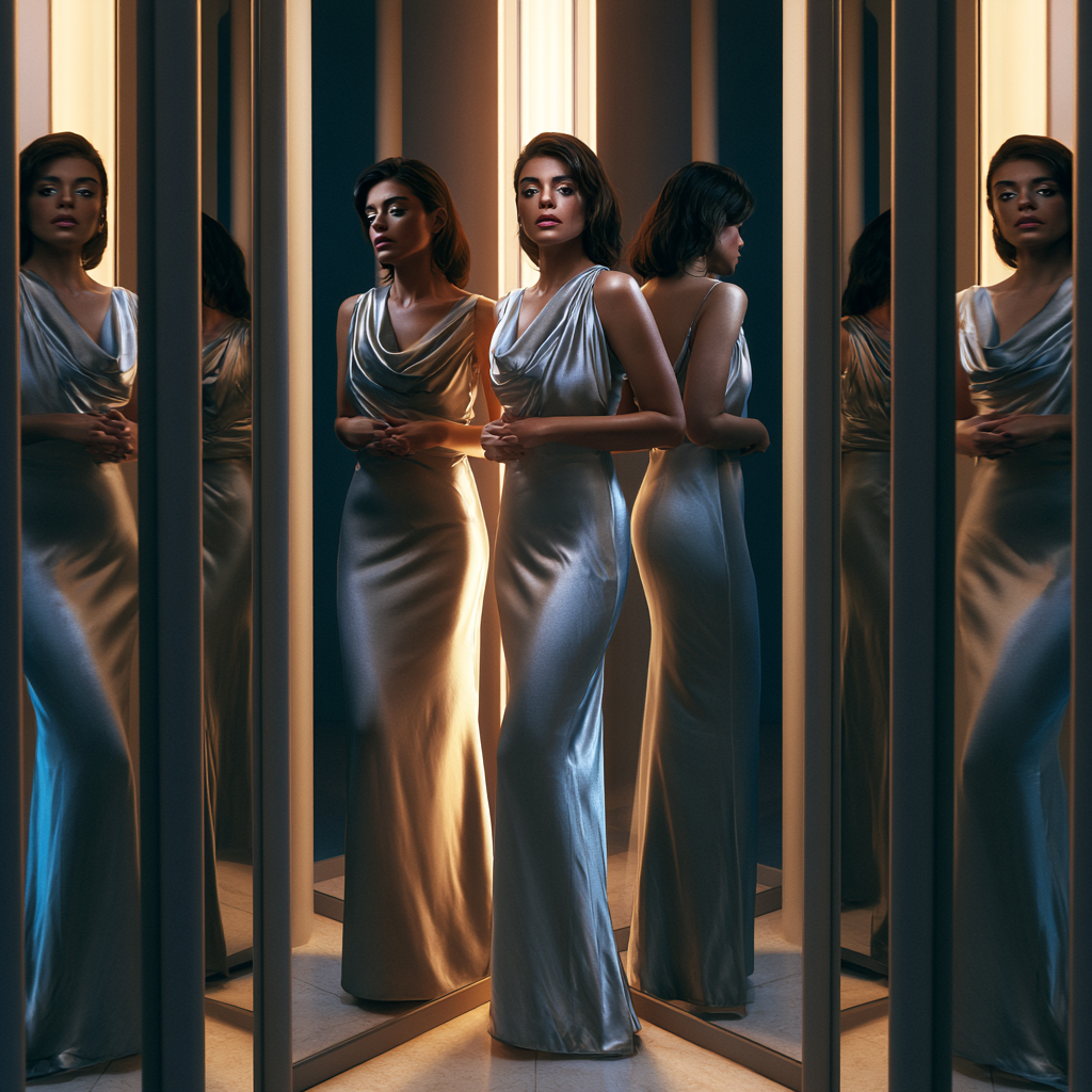 A photorealistic fashion portrait of an adult woman standing in a room filled with tall mirrors, wearing a silver satin dress, multiple reflections around her, soft studio lighting, elegant mysterious expression, luxury editorial photography, cinematic composition, ultra-detailed, no text