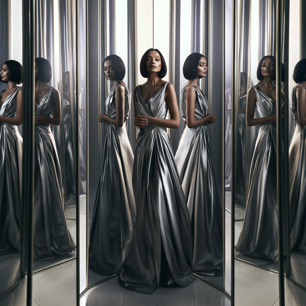 A photorealistic fashion portrait of an adult woman standing in a room filled with tall mirrors, wearing a silver satin dress, multiple reflections around her, soft studio lighting, elegant mysterious expression, luxury editorial photography, cinematic composition, ultra-detailed, no text