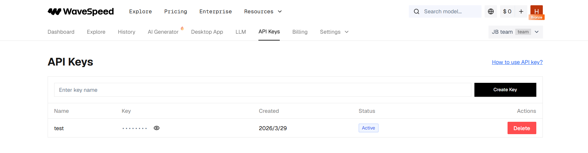API Keys Page